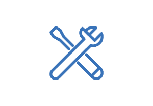Ein blaues Symbol, das ein gekreuztes Schraubenschlüssel- und Schraubenzieher-Werkzeug zeigt.