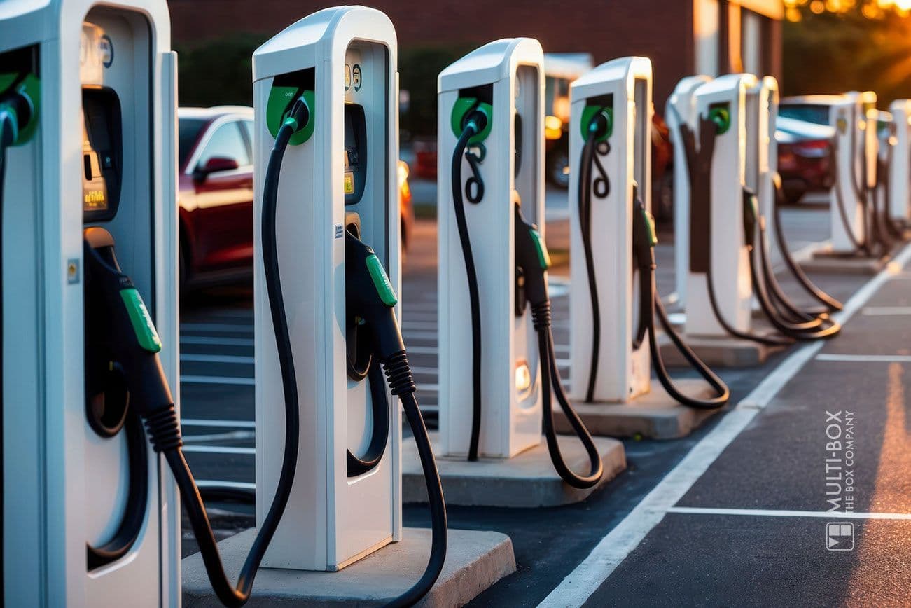 Eine Reihe von Ladestationen für Elektrofahrzeuge auf einem Parkplatz bei Sonnenuntergang. Jede Station verfügt über ein Ladekabel und Autos parken in der Nähe. Das Abendlicht wirft warme Töne auf die Szene.