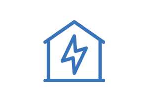 Ein blaues Symbol eines Hauses mit einem Blitz, das für Strom oder Elektrizität steht.