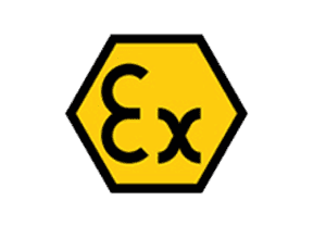 Ein gelbes sechseckiges Symbol mit schwarzen Rändern, das das "Ex"-Logo zeigt, welches für explosionsgeschützte Bereiche steht.