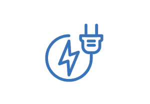 Ein blaues Symbol, das einen Stromstecker und einen Blitz in einem Kreis zeigt, was für Energie oder Elektrizität steht.